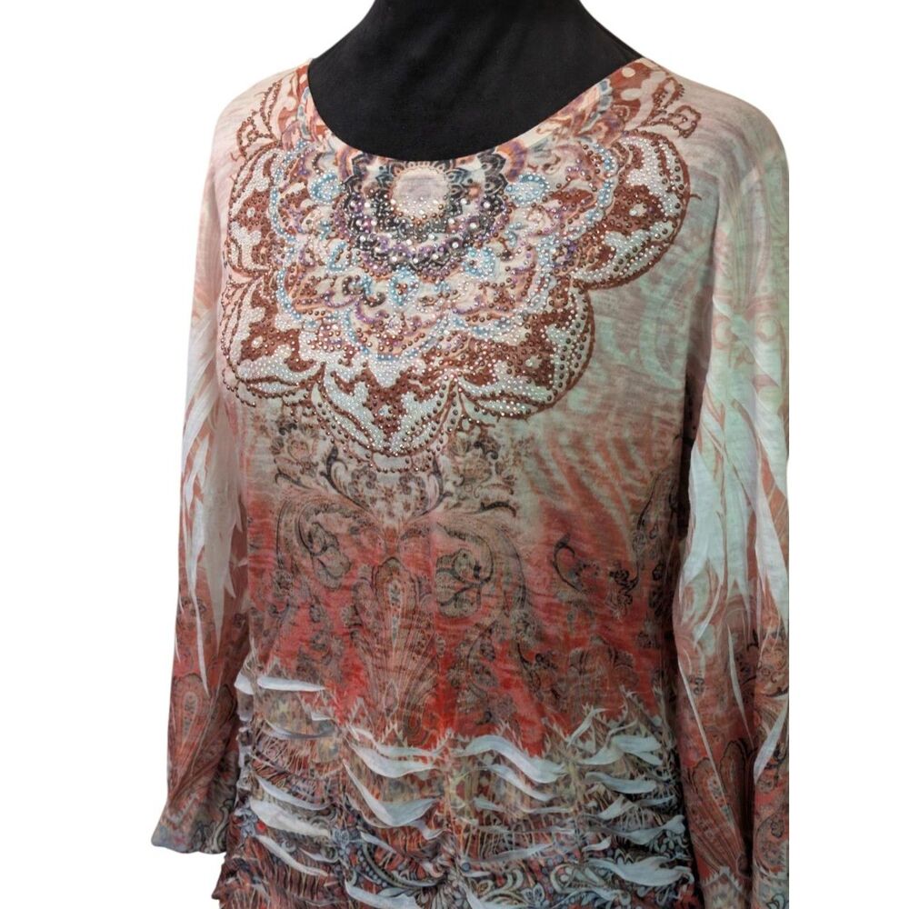 Reba Top Y2K Paisley Floral Studded Long Sleeve Western Boho Size Large - Picture 2 of 6
